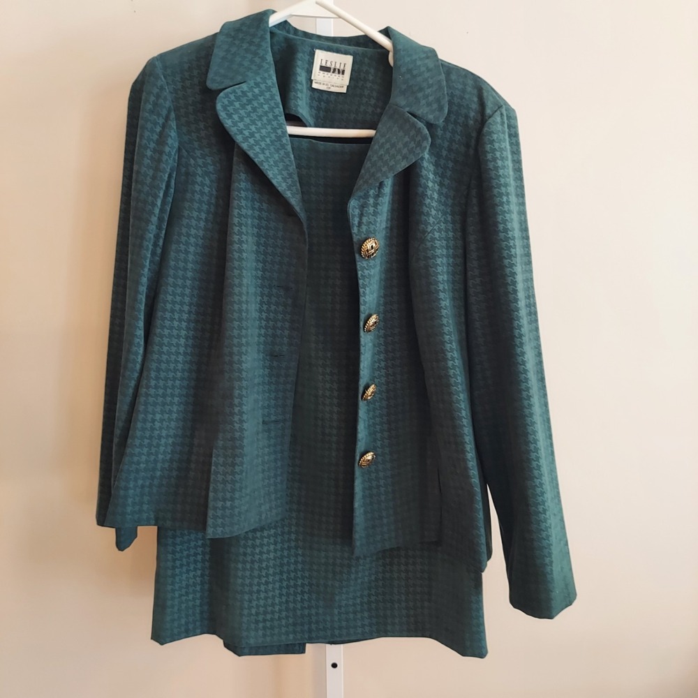 Vintage Skirt Suit Hunter Green Houndstooth 10P Office Career Holiday 90s